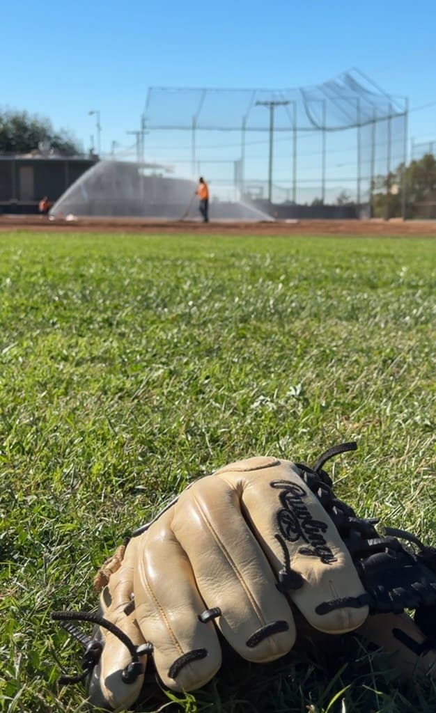 A leather glove on green grass at Sutherland with the infield sprinklers running behind it.